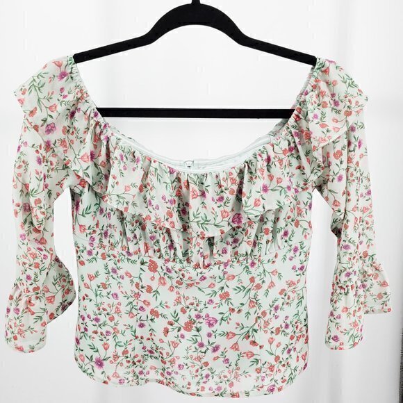 Lovers + Friends Floral Ruffle Off the Shoulder Peasant Top S Blue/Pink - Picture 1 of 15